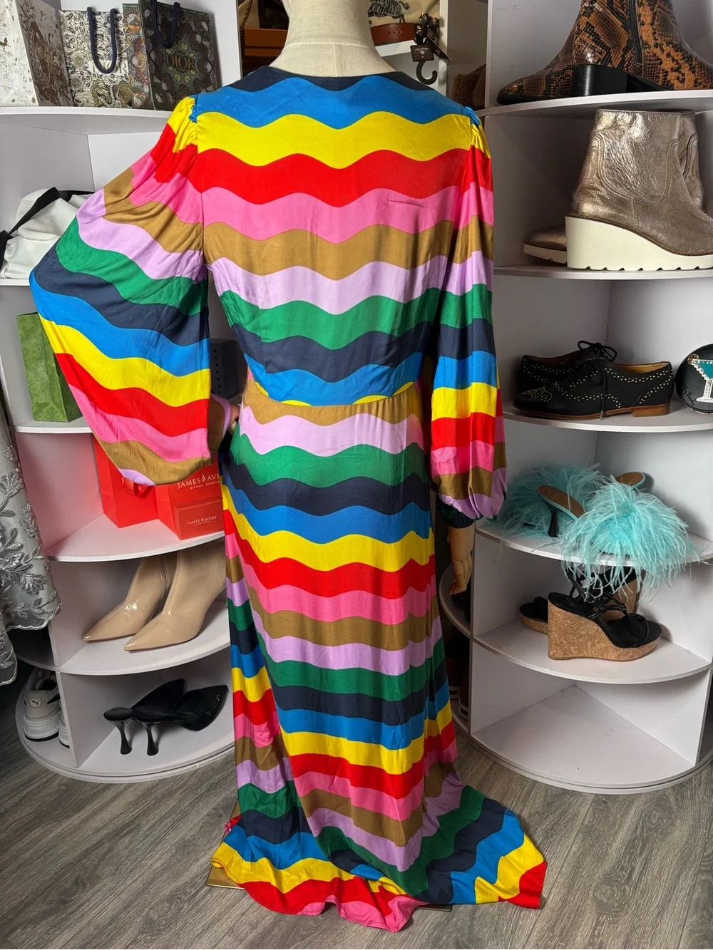 Boden Francis empire long sleeve v neck maxi tea dress rainbow striped 8R nwt